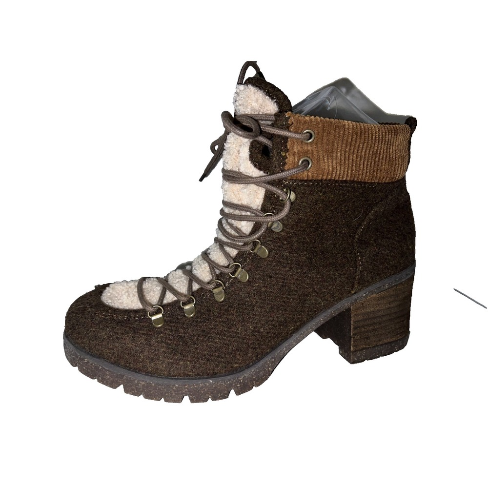 Korks Brown Wool Corduroy Faux Shearling Lace Up Block Heel Ankle Boots Sz 9.5M